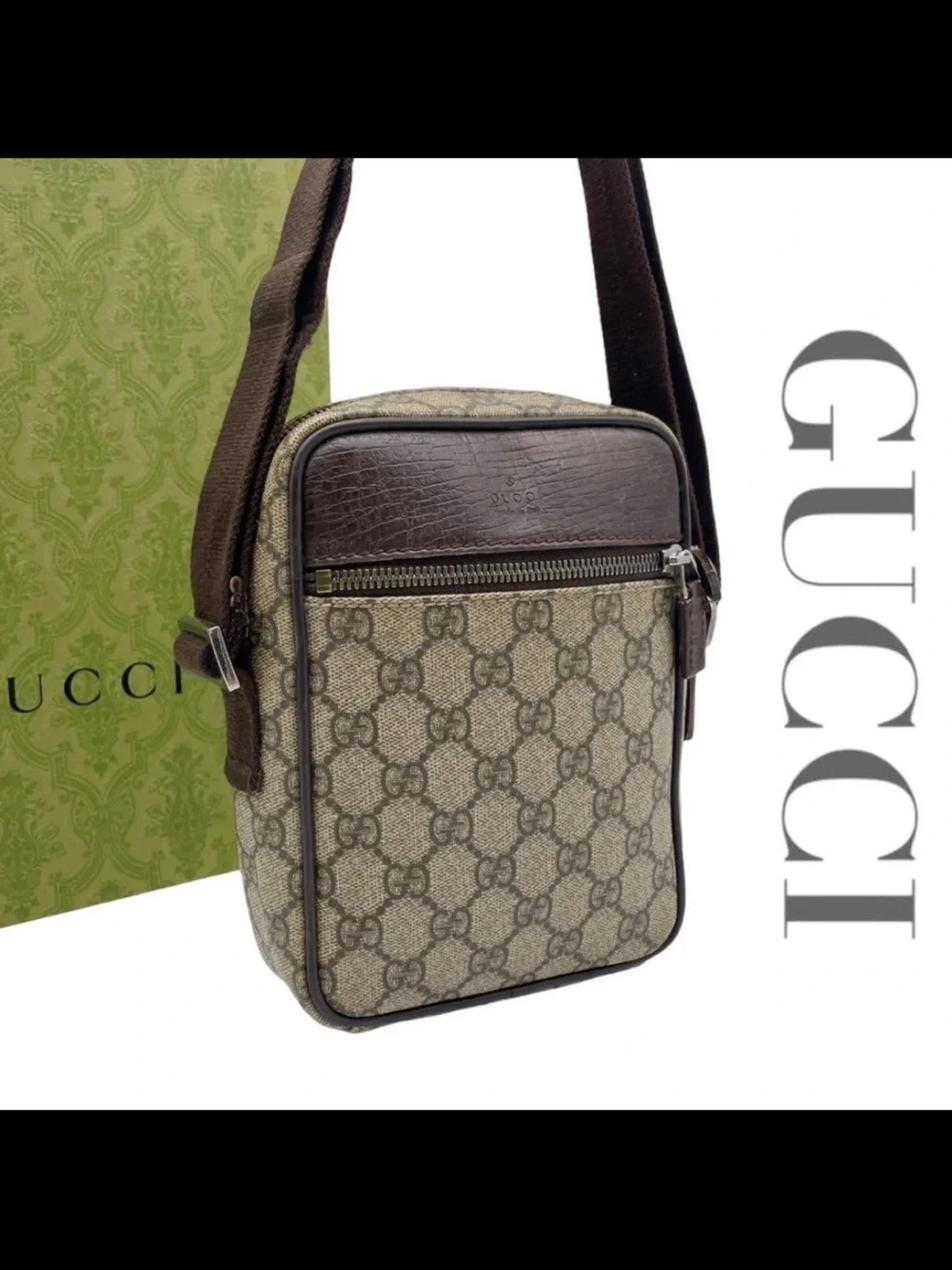 Gucci Beige GG Supreme Canvas Crossbody with Brown Leather Trim